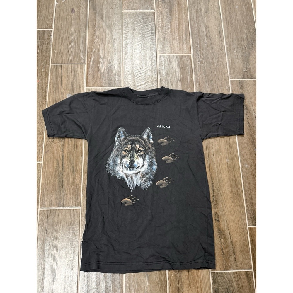 Vintage Alaska Wolf T Shirt Mens Medium Black Graphic Nature Wildlife Tee USA